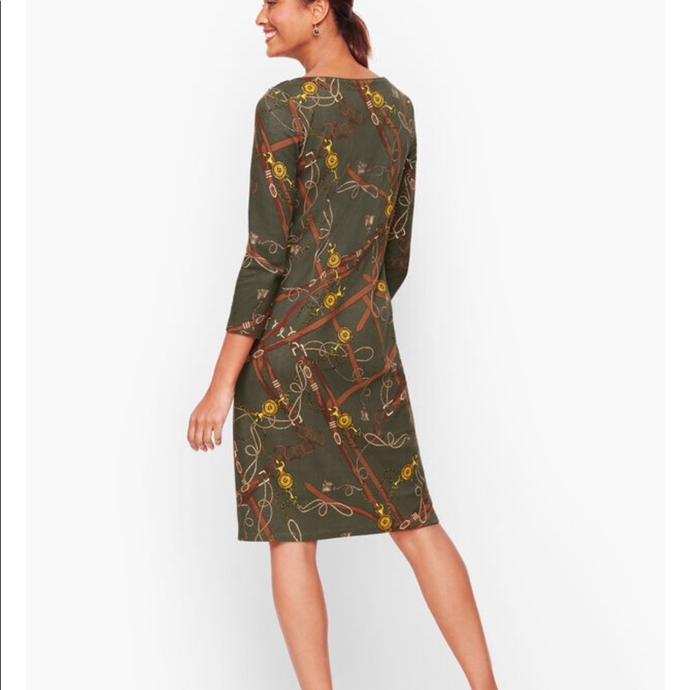 TALBOTS PETITE OLIVE GREEN EQUESTRIAN PRINT SHIFT DRESS SIZE LP - Picture 8 of 16